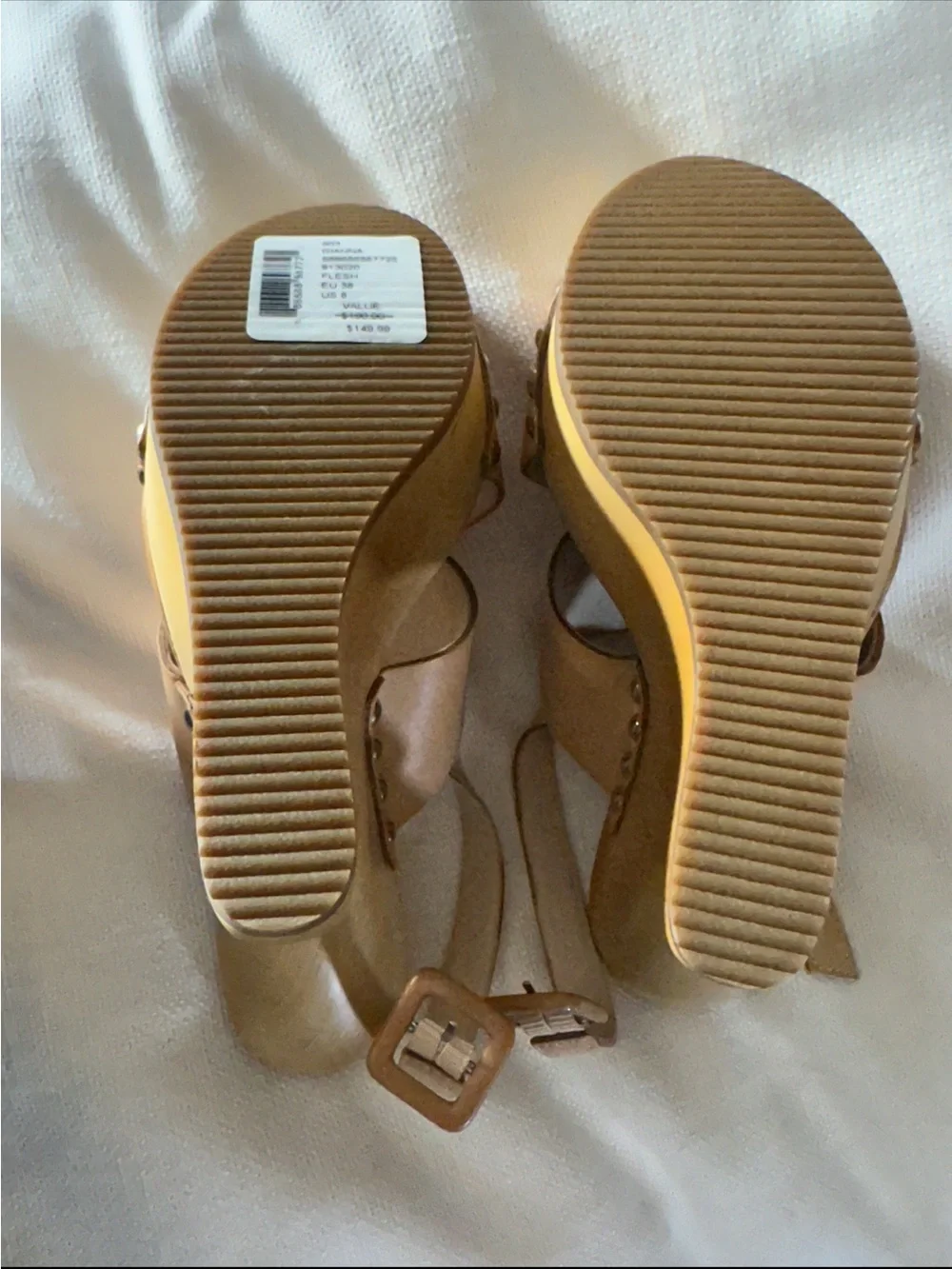 Saks Fifth Avenue Beige/Tan Studded Platform Wedge Sandals